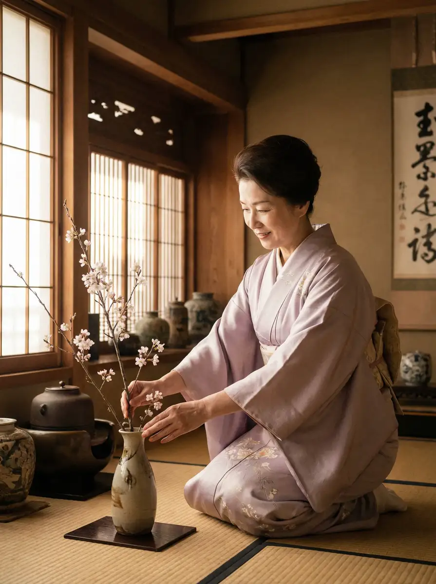 一位优雅的 500彩票官网 在和室中插花